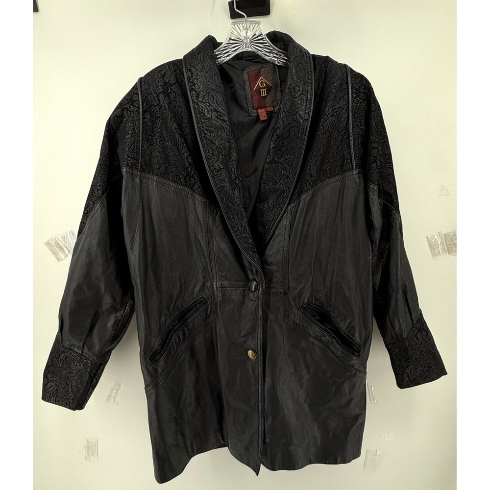 G-III Vintage Black Leather Paisley Embossed Jacket Shawl Collar Small 80s Retro